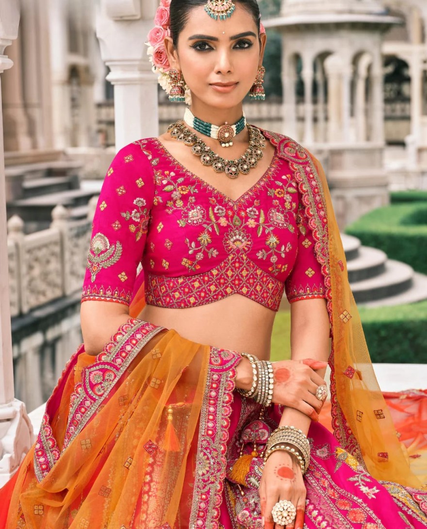 HOTPINK - Hot Pink & Green Fancy Silk Lehenga Choli With Cut Work Embroidery Border & Stone Work
